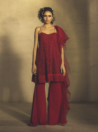 Parul And Preyanka-Red Kurta With Dupatta & Palazzo-INDIASPOPUP.COM