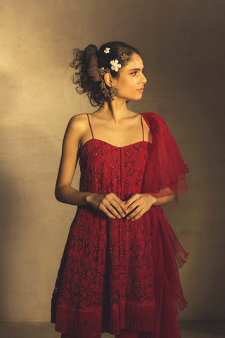 Parul And Preyanka-Red Kurta With Dupatta & Palazzo-INDIASPOPUP.COM