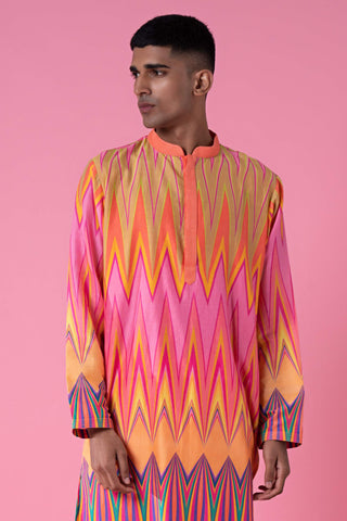 Siddhartha Bansal-Yellow Pink Chevron Printed Kurta Set-INDIASPOPUP.COM