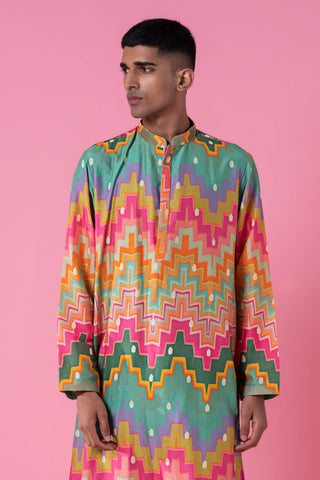 Siddhartha Bansal-Multicolor Chevron Kurta Bundi Set-INDIASPOPUP.COM