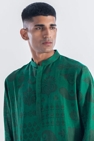 Siddhartha Bansal-Emerald Green Printed Kurta Bundi Set-INDIASPOPUP.COM