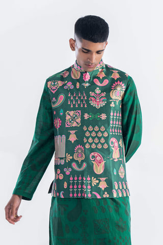 Siddhartha Bansal-Emerald Green Printed Kurta Bundi Set-INDIASPOPUP.COM