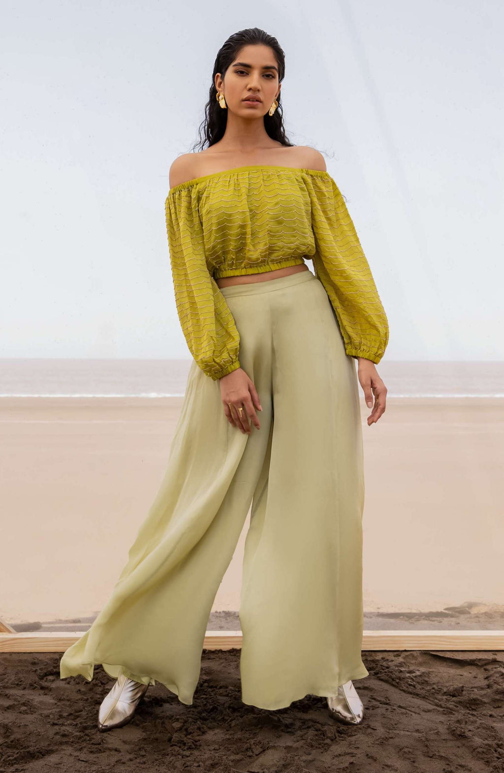 Women Green Embroidered Top With Palazzos