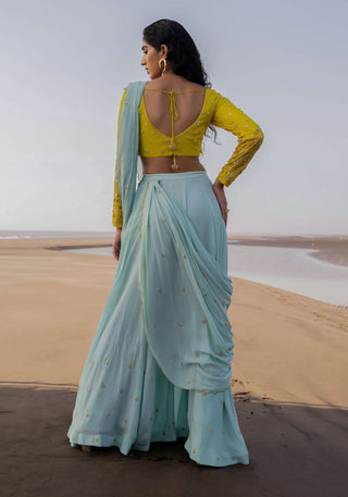 Ease-Mint Blue Embroidered Sari With Blouse-INDIASPOPUP.COM