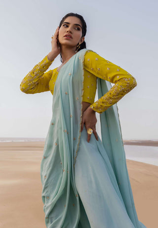 Ease-Mint Blue Embroidered Sari With Blouse-INDIASPOPUP.COM