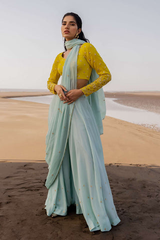Ease-Mint Blue Embroidered Sari With Blouse-INDIASPOPUP.COM