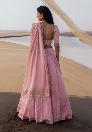 Ease-Baby Pink Floral Embroidered Lehenga Sari Set-INDIASPOPUP.COM