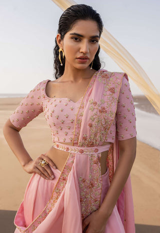 Ease-Baby Pink Floral Embroidered Lehenga Sari Set-INDIASPOPUP.COM