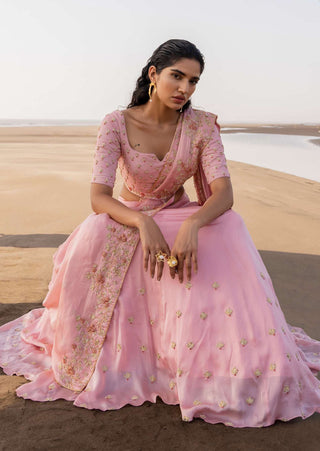 Ease-Baby Pink Floral Embroidered Lehenga Sari Set-INDIASPOPUP.COM