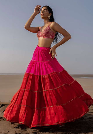 Ease-Pink Red Pleated Lehenga Set-INDIASPOPUP.COM