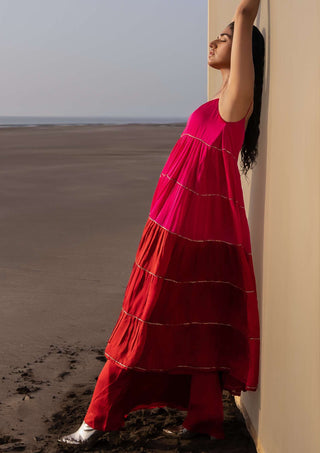 Ease-Rani Pink Tiered Dress And Palazzo-INDIASPOPUP.COM