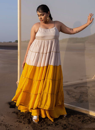 Ease-Ivory Mustard Tiered Dress And Palazzo-INDIASPOPUP.COM