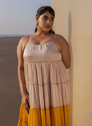 Ease-Ivory Mustard Tiered Dress And Palazzo-INDIASPOPUP.COM