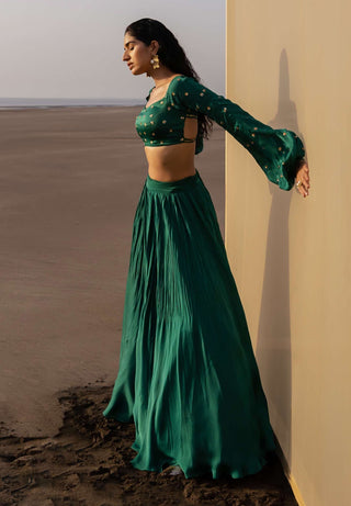 Ease-Bottle Green Pleated Lehenga Set-INDIASPOPUP.COM