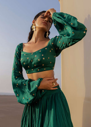 Ease-Bottle Green Pleated Lehenga Set-INDIASPOPUP.COM