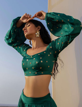 Ease-Bottle Green Pleated Lehenga Set-INDIASPOPUP.COM