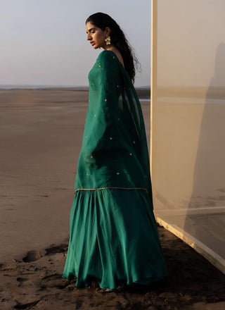 Ease-Bottle Green Pleated Lehenga Set-INDIASPOPUP.COM