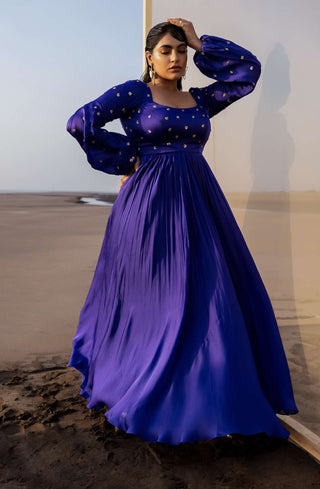 Ease-Royal Blue Floral Embroidered Anarkali With Dupatta-INDIASPOPUP.COM