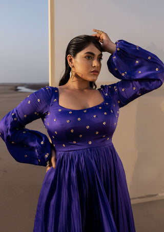 Ease-Royal Blue Floral Embroidered Anarkali With Dupatta-INDIASPOPUP.COM