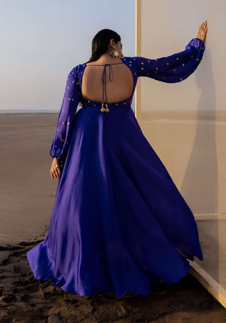 Ease-Royal Blue Floral Embroidered Anarkali With Dupatta-INDIASPOPUP.COM