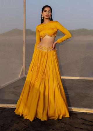 Ease-Mango Yellow Pleated Lehenga Set-INDIASPOPUP.COM