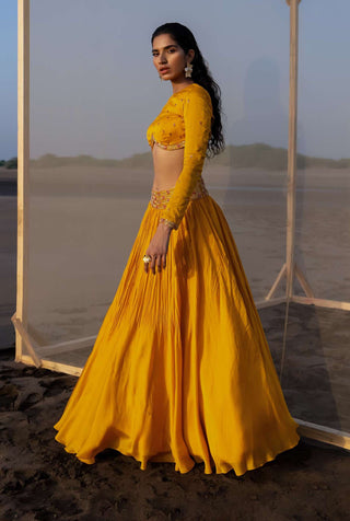 Ease-Mango Yellow Pleated Lehenga Set-INDIASPOPUP.COM