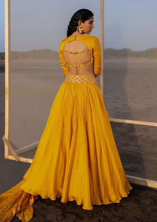 Ease-Mango Yellow Pleated Lehenga Set-INDIASPOPUP.COM