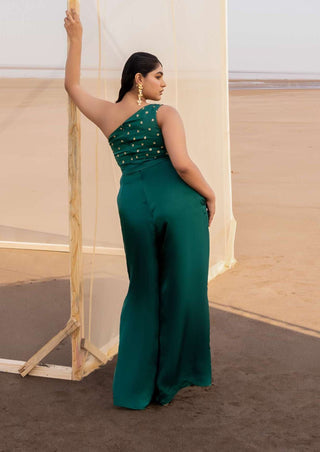 Ease-Bottle Green One Shoulder Jumpsuit-INDIASPOPUP.COM