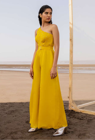 Ease-Mango Yellow One Shoulder Jumpsuit-INDIASPOPUP.COM