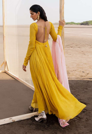 Ease-Mango Yellow Embroidered Anarkali With Dupatta-INDIASPOPUP.COM