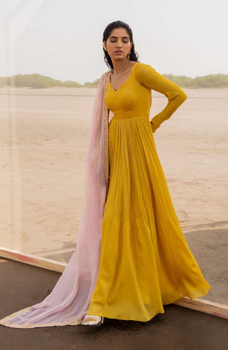 Ease-Mango Yellow Embroidered Anarkali With Dupatta-INDIASPOPUP.COM