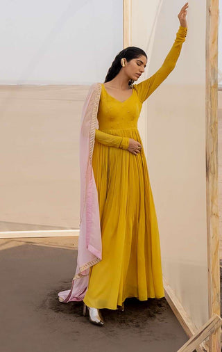 Ease-Mango Yellow Embroidered Anarkali With Dupatta-INDIASPOPUP.COM
