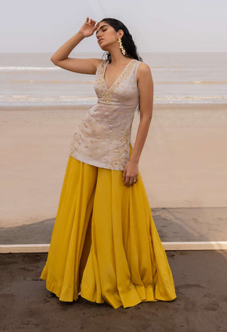 Ease-Ivory Mustard Embroidered Sharara Set-INDIASPOPUP.COM