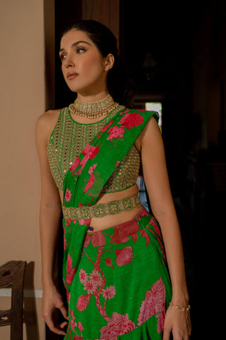 Paulmi & Harsh-Green Full Bloom Printed Sari Set-INDIASPOPUP.COM
