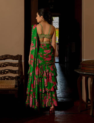 Paulmi & Harsh-Green Full Bloom Printed Sari Set-INDIASPOPUP.COM