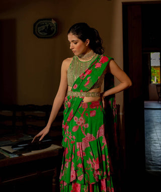Paulmi & Harsh-Green Full Bloom Printed Sari Set-INDIASPOPUP.COM