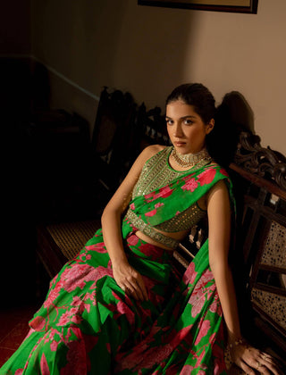 Paulmi & Harsh-Green Full Bloom Printed Sari Set-INDIASPOPUP.COM