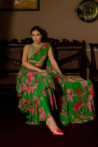 Paulmi & Harsh-Green Full Bloom Printed Sari Set-INDIASPOPUP.COM