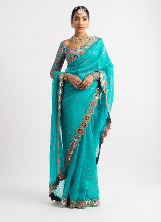 Vvani By Vani Vats-Peacock Green Mirror Border Saree With Blouse-INDIASPOPUP.COM