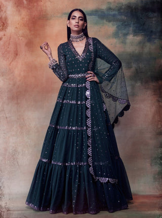 Vvani By Vani Vats-Emerald Green Anarkali With Dupatta-INDIASPOPUP.COM