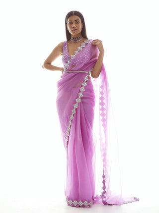 Vvani By Vani Vats-Mauve Mirror Border Organza Saree-INDIASPOPUP.COM