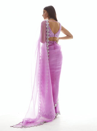 Vvani By Vani Vats-Mauve Mirror Border Organza Saree-INDIASPOPUP.COM