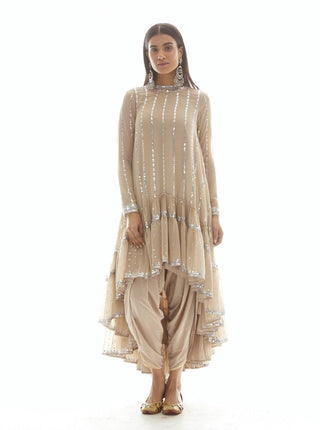 Vvani By Vani Vats-Beige Linear Tier Dhoti Kurta Set-INDIASPOPUP.COM