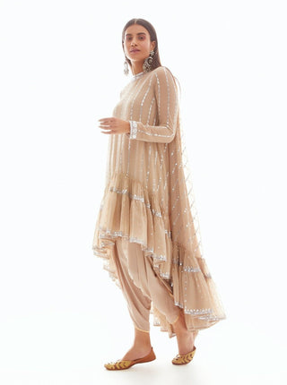 Vvani By Vani Vats-Beige Linear Tier Dhoti Kurta Set-INDIASPOPUP.COM