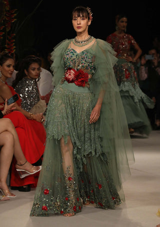 Varun Bahl-Sage Green Layered Tulle Skirt Set-INDIASPOPUP.COM