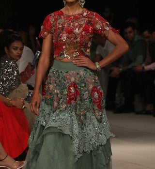 Varun Bahl-Fuchsia & Sage Embroidered Skirt With Blouse-INDIASPOPUP.COM