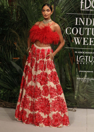Varun Bahl-Red Embroidered Lehenga With Feather Top-INDIASPOPUP.COM