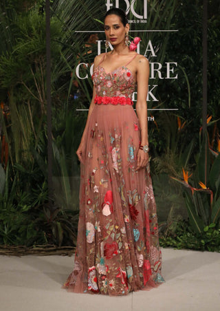 Varun Bahl-Old Rose Embroidered Tulle Gown-INDIASPOPUP.COM