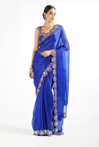 Vvani By Vani Vats-Royal Blue Mirror Scallop Saree With Blouse-INDIASPOPUP.COM