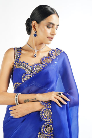 Vvani By Vani Vats-Royal Blue Mirror Scallop Saree With Blouse-INDIASPOPUP.COM